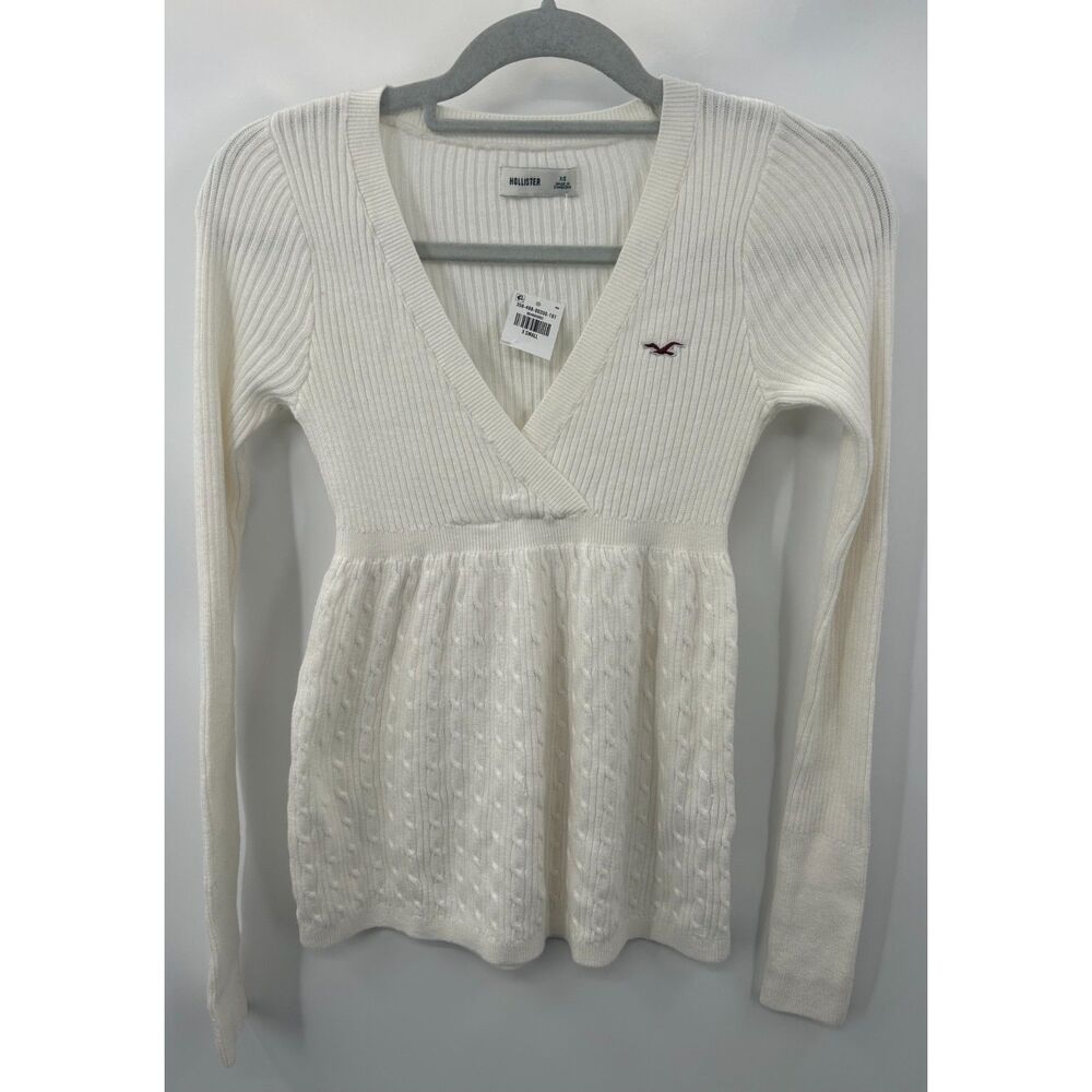 NWT Hollister Babydoll Knit Sweater Top Cream Cable Knit Size XS V-Neck